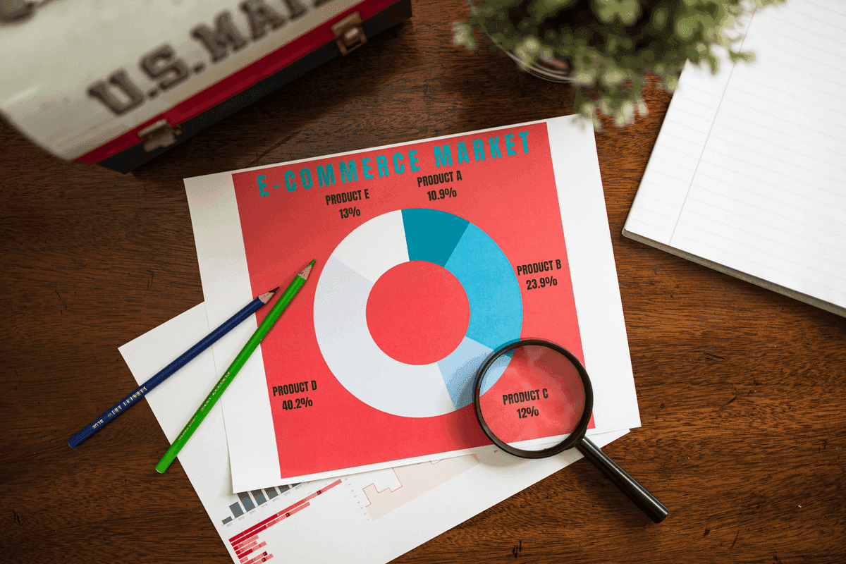 Data-driven e-commerce decisions concept with data charts and analytics visualization.
